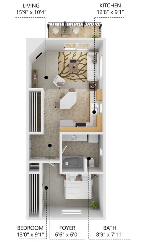 A diagram of a small apartment with a living room, kitchen, bedroom, and bathroom.